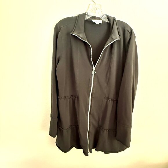 Neon Buddha Long Black Ruffle Jacket – Warm Knit, Zipper Front, Size XL - Picture 2 of 12